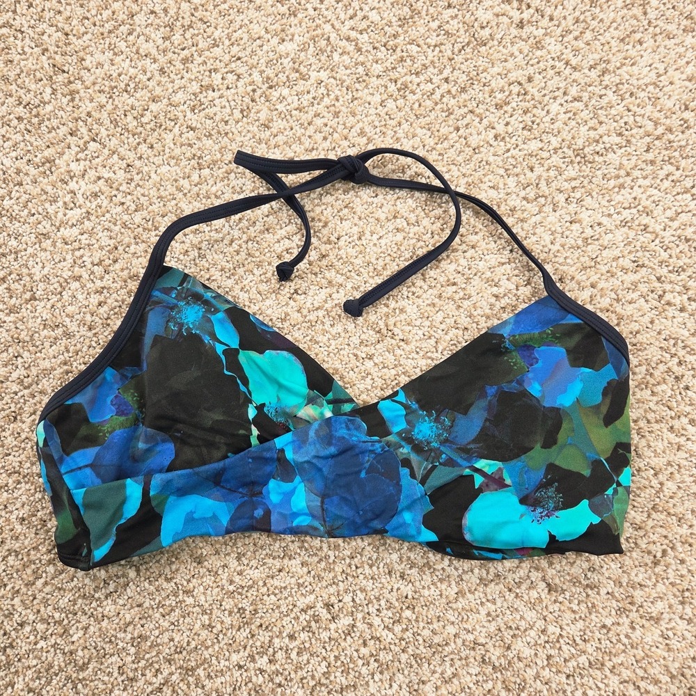 Athleta Floral‎ Bikini Top Faux Wrap Front Black Blue Green Size L